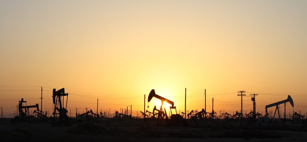 Pumpjacks on the Lost Hills Oil Field. Photo by Arne Hückelheim, Wikimedia Commons.